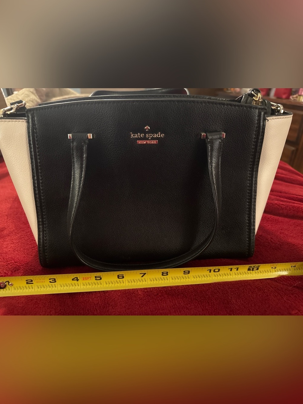 kate spade Black and Cream Leather Satchel with Gold-Tone Logo